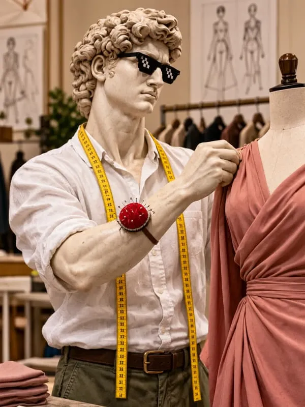 David pinning a dress on a mannequin in a fashion atelier