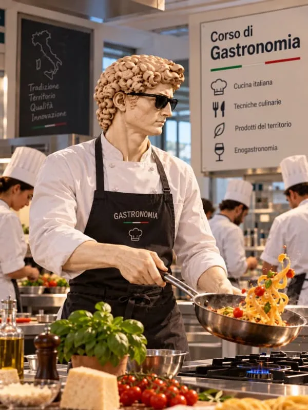 David tossing pasta in a pan in the course kitchen