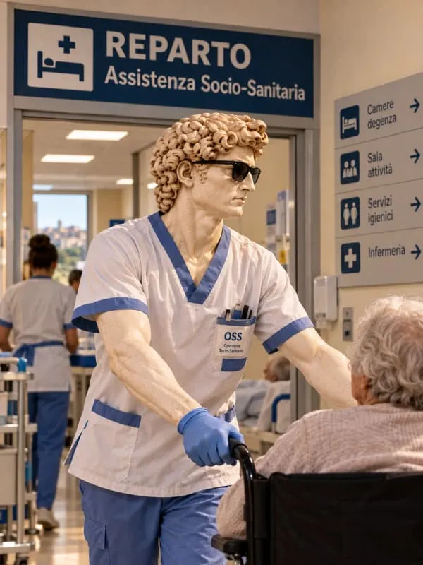 David as a healthcare assistant pushing an elderly woman in a wheelchair