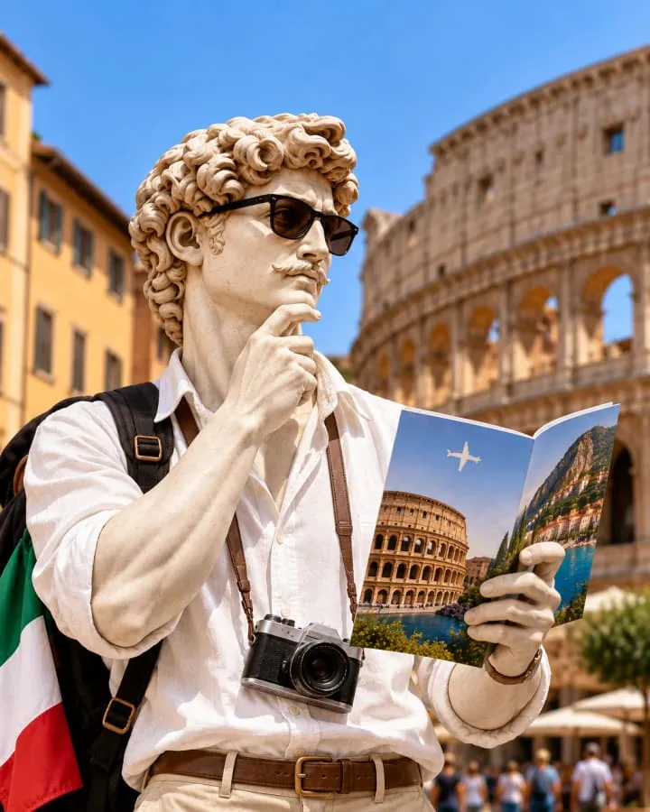 David as a traveller in front of the Colosseum, with a camera and a travel guide