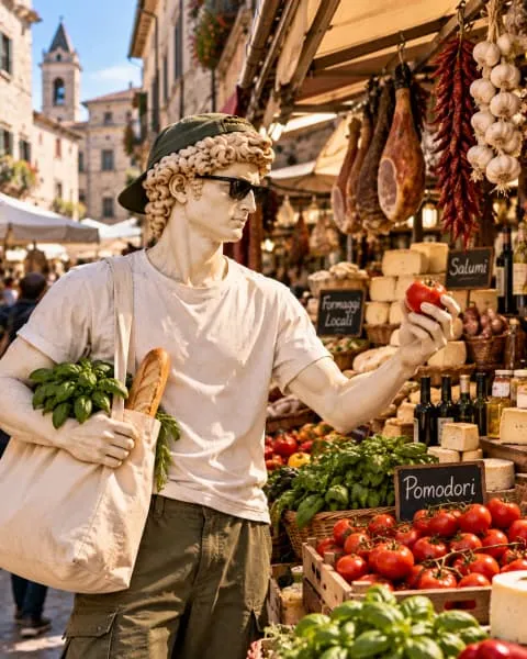David shopping for tomatoes and basil at a market