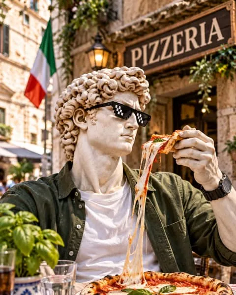 David eating a margherita pizza at an outdoor table